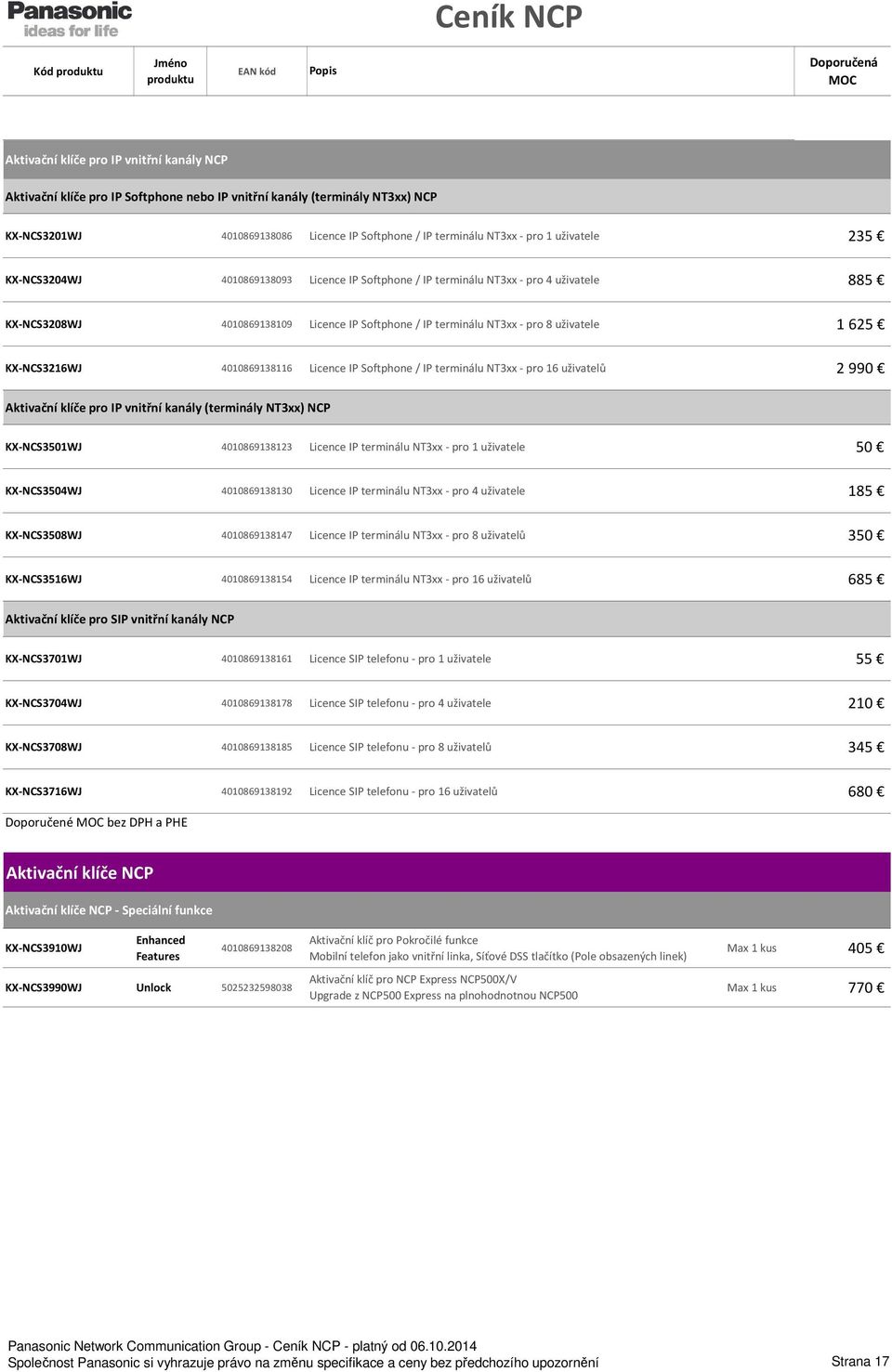 1 625 KX-NCS3216WJ 4010869138116 Licence IP Softphone / IP terminálu NT3xx - pro 16 uživatelů 2 990 Aktivační klíče pro IP vnitřní kanály (terminály NT3xx) NCP KX-NCS3501WJ 4010869138123 Licence IP