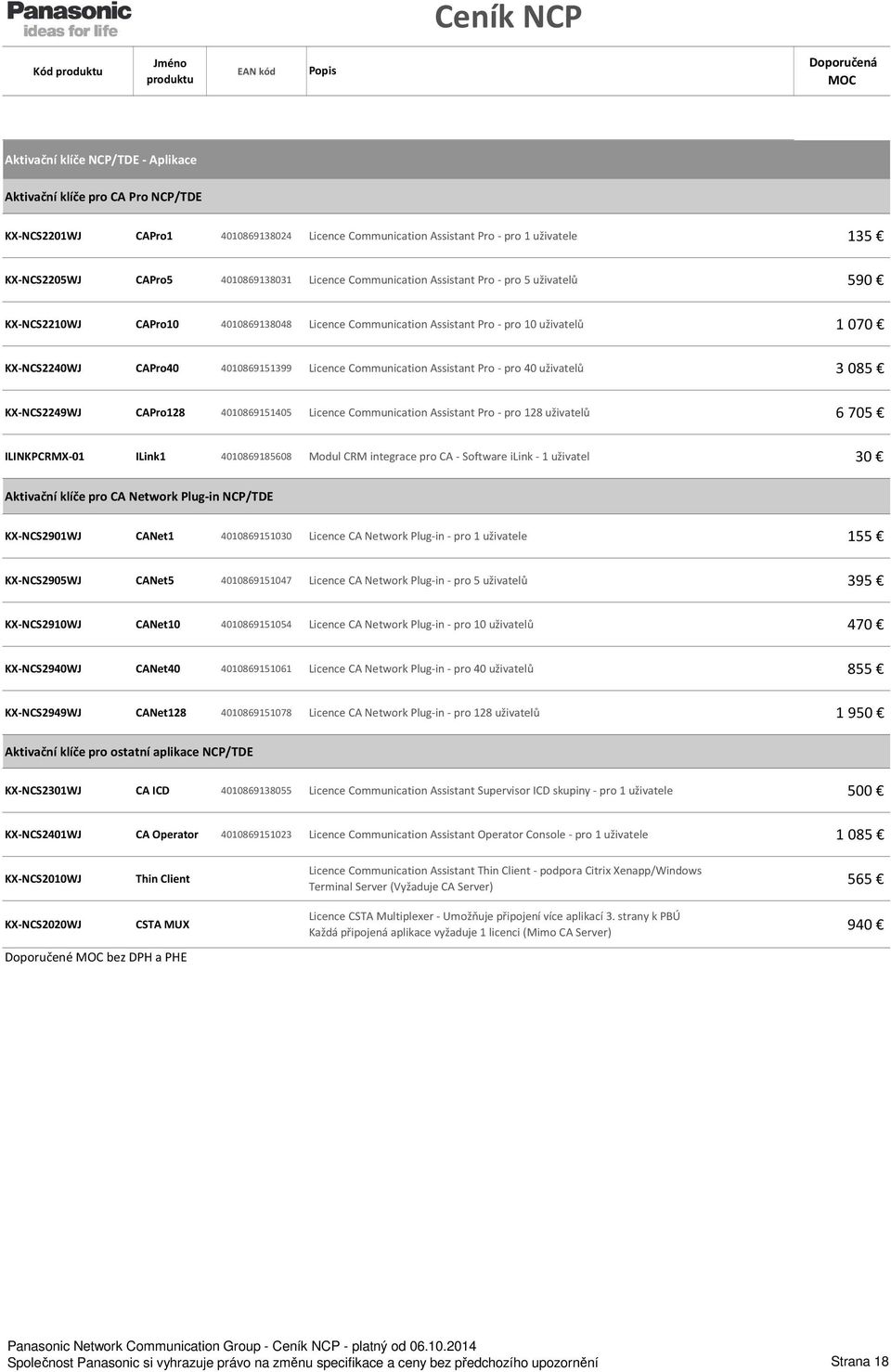 4010869151399 Licence Communication Assistant Pro - pro 40 uživatelů 3 085 KX-NCS2249WJ CAPro128 4010869151405 Licence Communication Assistant Pro - pro 128 uživatelů 6 705 ILINKPCRMX-01 ILink1