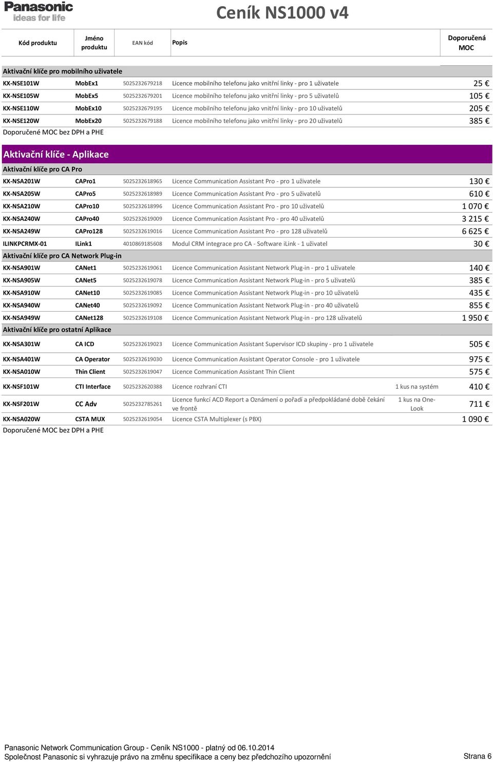 Licence mobilního telefonu jako vnitřní linky - pro 20 uživatelů 385 Aktivační klíče - Aplikace Aktivační klíče pro CA Pro KX-NSA201W CAPro1 5025232618965 Licence Communication Assistant Pro - pro 1