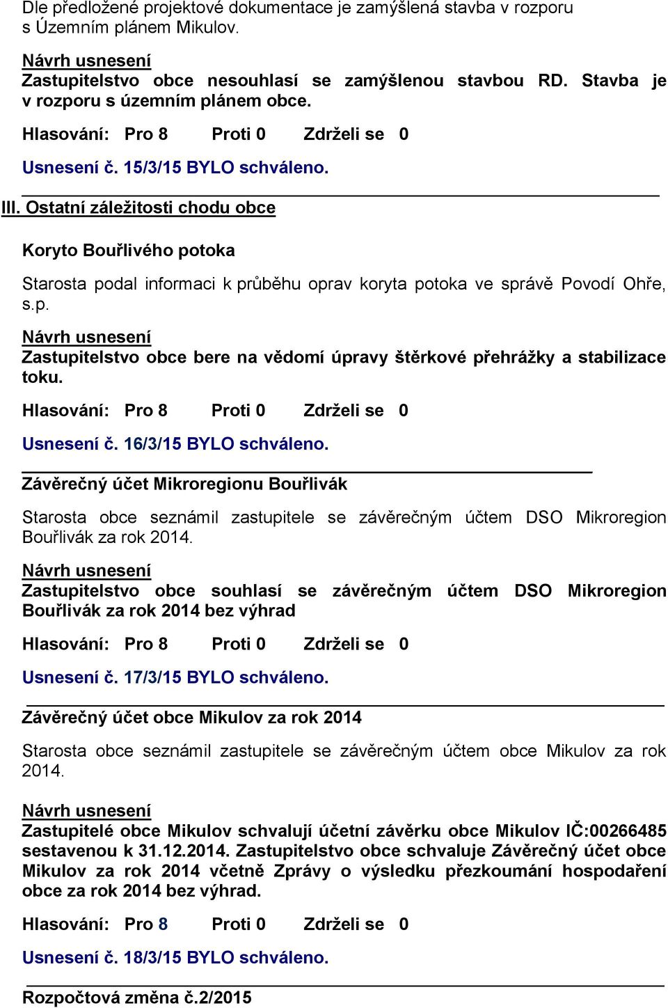 Usnesení č. 16/3/15 BYLO schváleno. Závěrečný účet Mikroregionu Bouřlivák Starosta obce seznámil zastupitele se závěrečným účtem DSO Mikroregion Bouřlivák za rok 2014.