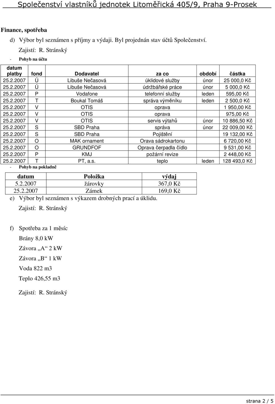 2.2007 V OTIS oprava 1 950,00 Kč 25.2.2007 V OTIS oprava 975,00 Kč 25.2.2007 V OTIS servis výtahů únor 10 886,50 Kč 25.2.2007 S SBD Praha správa únor 22 009,00 Kč 25.2.2007 S SBD Praha Pojištění 19 132,00 Kč 25.