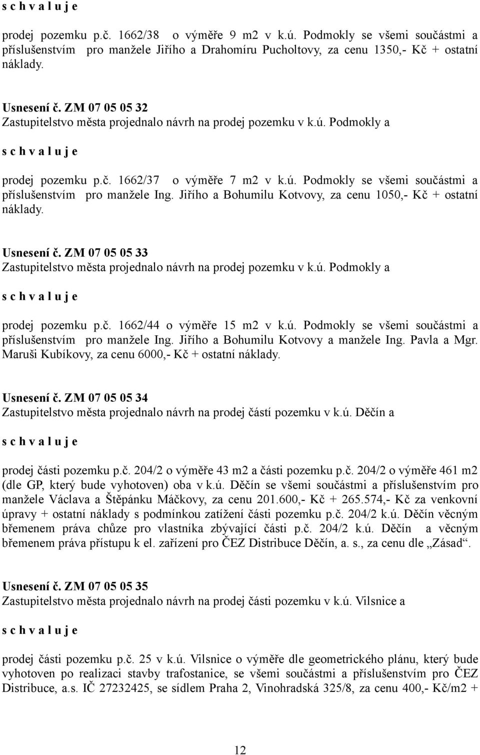 Jiřího a Bohumilu Kotvovy, za cenu 1050,- Kč + ostatní náklady. Usnesení č. ZM 07 05 05 33 Zastupitelstvo města projednalo návrh na prodej pozemku v k.ú. Podmokly a prodej pozemku p.č. 1662/44 o výměře 15 m2 v k.