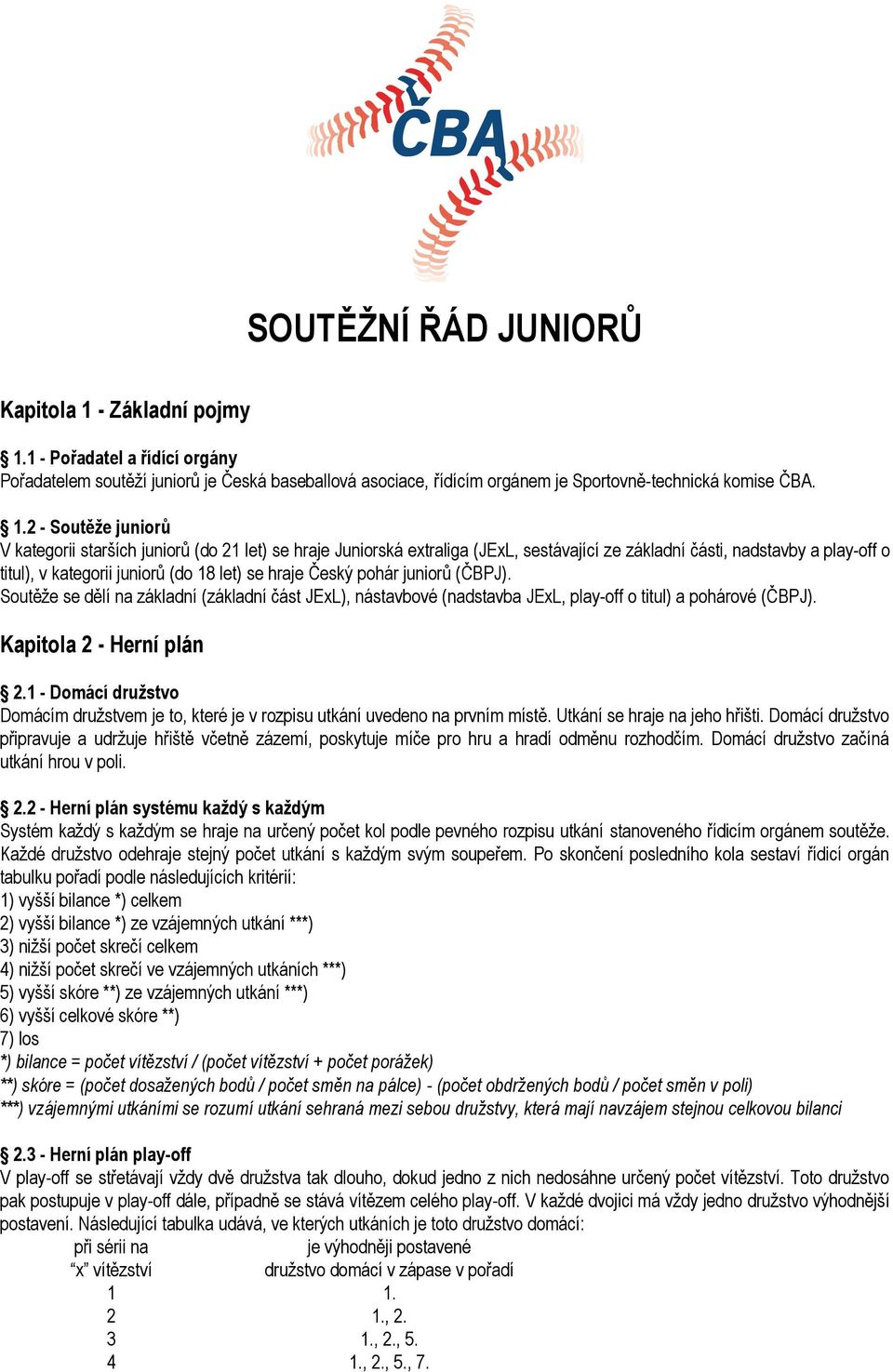 1 - Pořadatel a řídící orgány Pořadatelem soutěží juniorů je Česká baseballová asociace, řídícím orgánem je Sportovně-technická komise ČBA. 1.