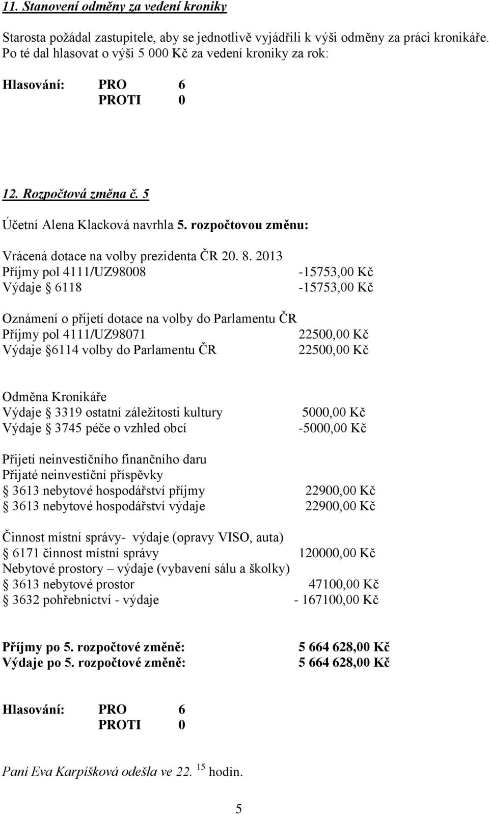 2013 Příjmy pol 4111/UZ98008 Výdaje 6118 15753,00 Kč 15753,00 Kč Oznámení o přijetí dotace na volby do Parlamentu ČR Příjmy pol 4111/UZ98071 22500,00 Kč Výdaje 6114 volby do Parlamentu ČR 22500,00 Kč