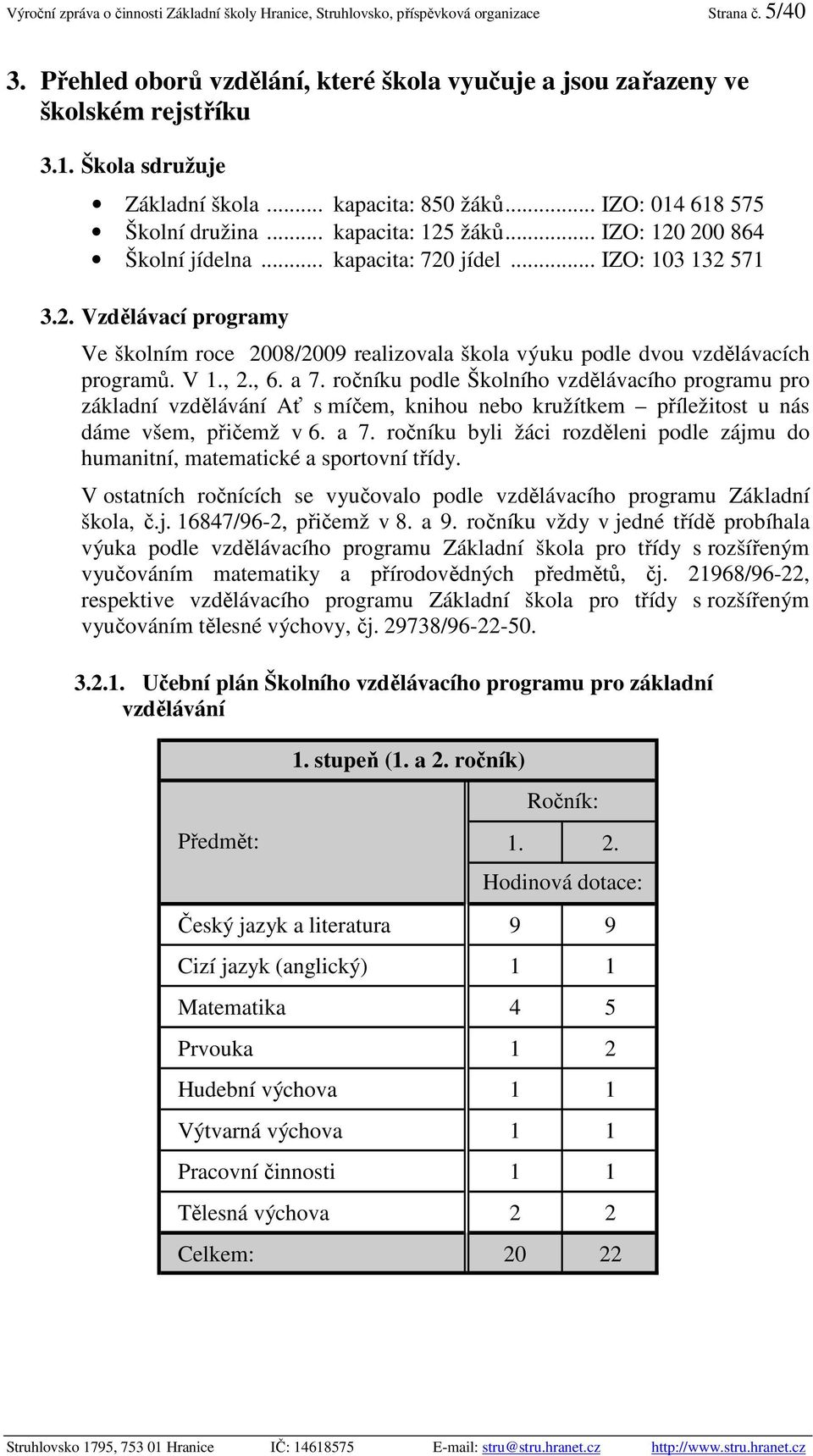 žáků... IZO: 120 200 864 Školní jídelna... kapacita: 720 jídel... IZO: 103 132 571 3.2. Vzdělávací programy Ve školním roce 2008/2009 realizovala škola výuku podle dvou vzdělávacích programů. V 1., 2.