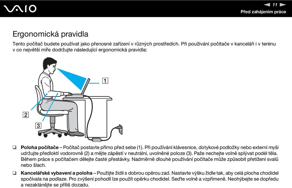 Při používání klávesnice, dotykové podložky nebo externí myši udržujte předloktí vodorovně (2) a mějte zápěstí v neutrální, uvolněné poloze (3). Paže nechejte volně splývat podél těla.