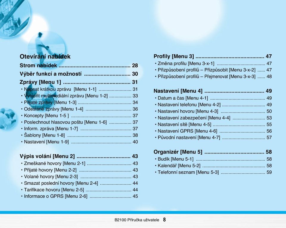 .. 38 Nastavení [Menu 1-9]... 40 V pis volání [Menu 2]... 43 Zme kané hovory [Menu 2-1]... 43 Pfiijaté hovory [Menu 2-2]... 43 Volané hovory [Menu 2-3]... 43 Smazat poslední hovory [Menu 2-4].