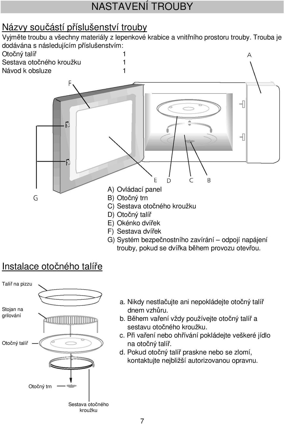 Otočný talíř E) Okénko dvířek F) Sestava dvířek G) Systém bezpečnostního zavírání odpojí napájení trouby, pokud se dvířka během provozu otevřou. Talíř na pizzu Stojan na grilování Otočný talíř a.