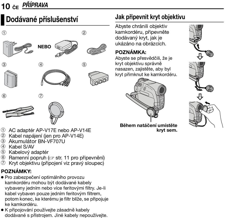 a AC adaptér AP-V17E nebo AP-V14E b Kabel napájení (jen pro AP-V14E) c Akumulátor BN-VF707U d Kabel S/AV e Kabelový adaptér f Ramenní popruh ( str.