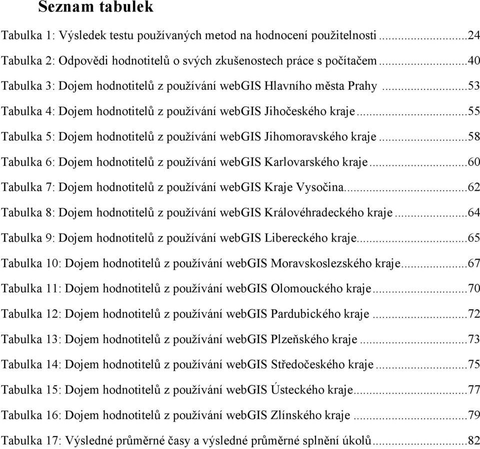 .. 55 Tabulka 5: Dojem hodnotitelů z používání webgis Jihomoravského kraje... 58 Tabulka 6: Dojem hodnotitelů z používání webgis Karlovarského kraje.