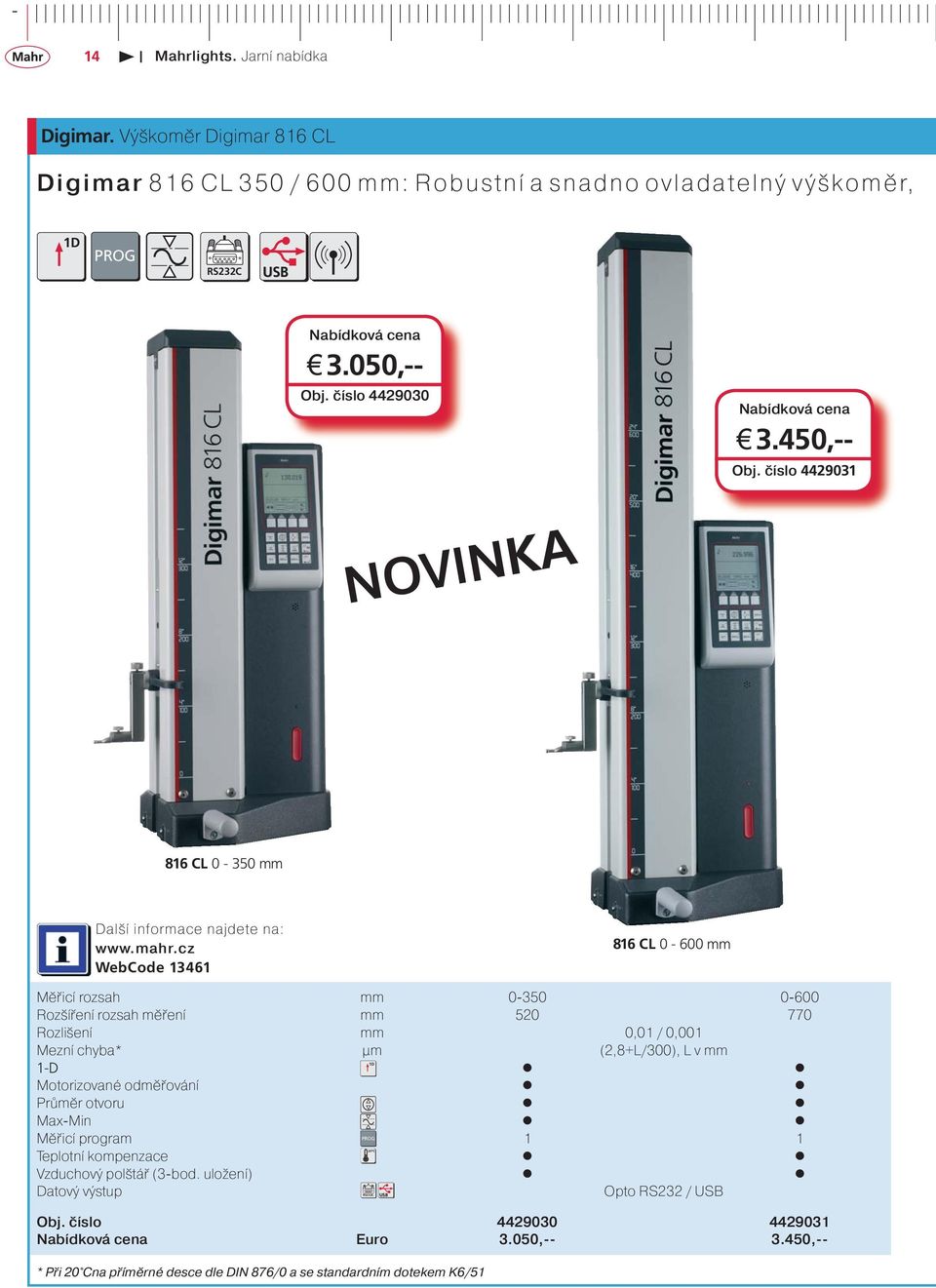 Mezní chyba* μm (2,8+L/300), L v mm 1D 1-D Motorizované odměřování Průměr otvoru Max-Min PROG Měřicí program 1 1 20 C Teplotní kompenzace Vzduchový polštář