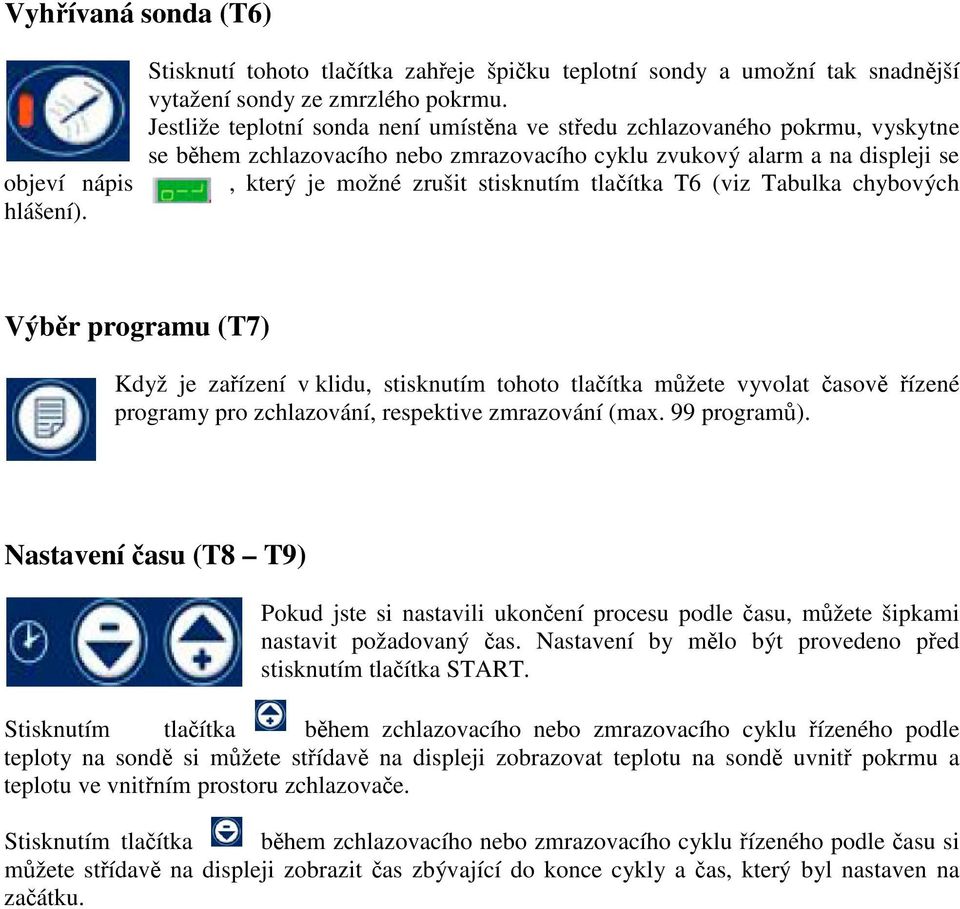 (viz Tabulka chybových Výbr programu (T7) Když je zaízení v klidu, stisknutím tohoto tlaítka mžete vyvolat asov ízené programy pro zchlazování, respektive zmrazování (max. 99 program).