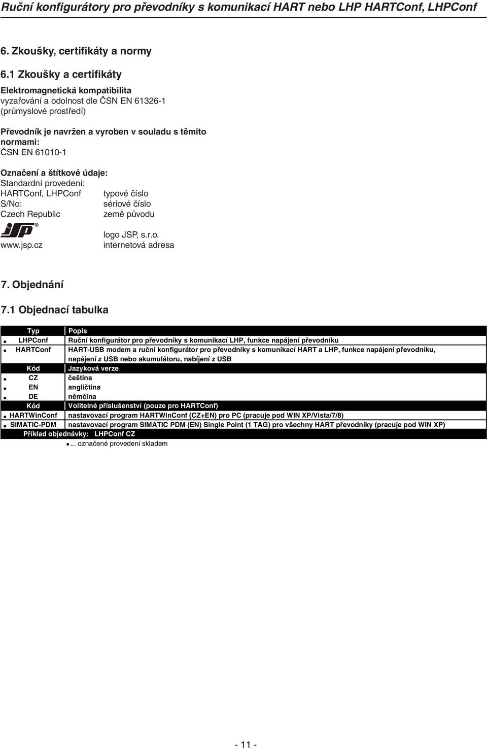 Označení a štítkové údaje: Standardní provedení: HARTConf, LHPConf typové číslo S/No: sériové číslo Czech Republic země původu www.jsp.cz logo JSP, s.r.o. internetová adresa 7. Objednání 7.
