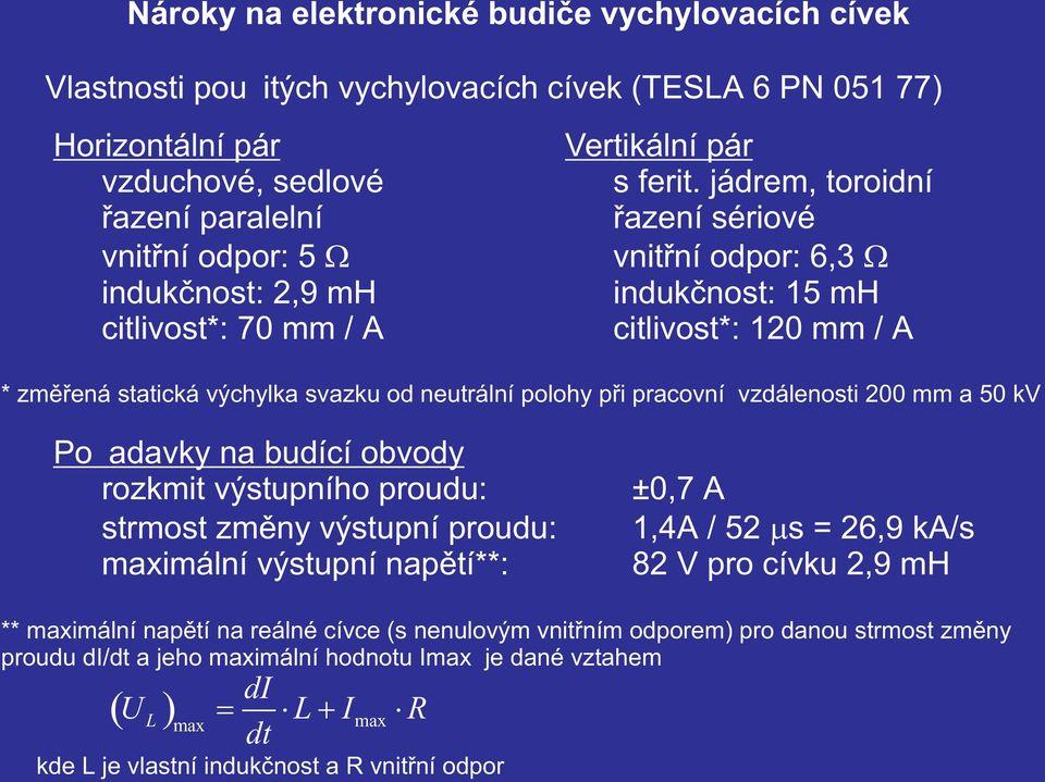 jádrem, toroidní øazení sériové vnitøní odpor: 6,3 indukènost: 15 mh citlivost*: 120 mm / A * zmìøená statická výchylka svazku od neutrální polohy pøi pracovní vzdálenosti 200 mm a 50 kv Po adavky na