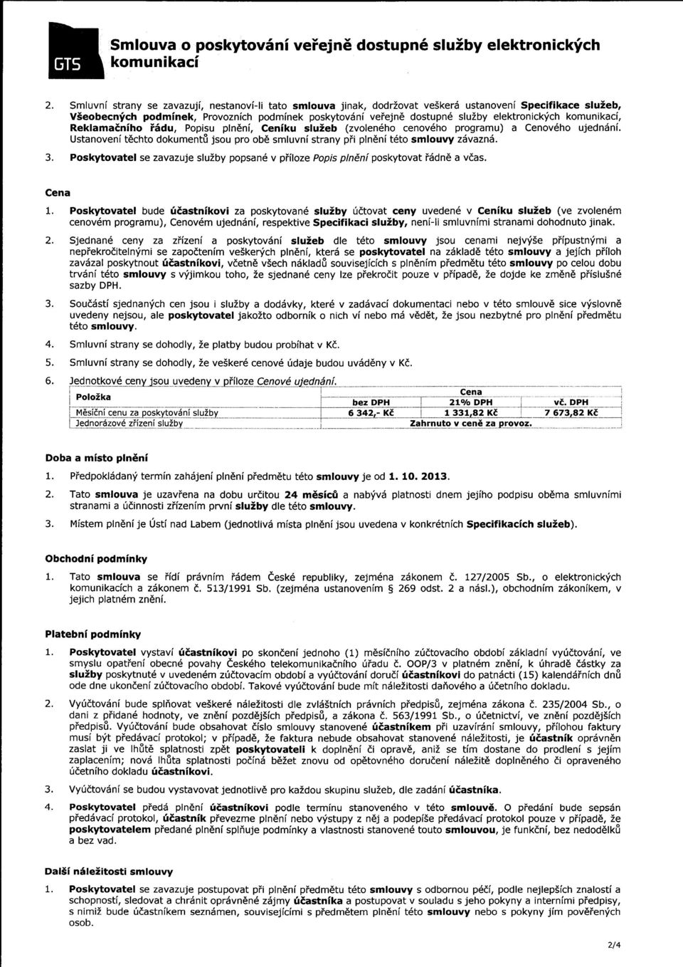 elektronicklich komunikaci, ReklamaEniho i5du, Popisu pln6ni, Ceniku sluieb (zvolen6ho cenov6ho programu) a Cenov6ho ujedndni.