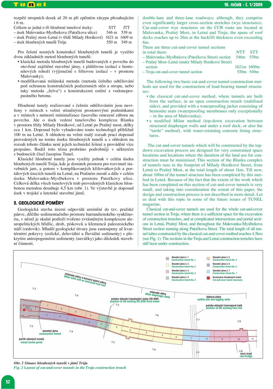 Trója 550 m 549 m Pro řešení nosných konstrukcí hloubených tunelů je využito dvou základních metod hloubených tunelů: klasická metoda hloubených tunelů budovaných z povrchu do otevřené zajištěné