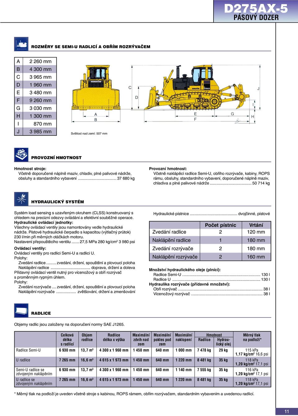 .. 37 680 kg Provozní hmotnost: Vèetnì naklápìcí radlice Semi-U, obøího rozrývaèe, kabiny, ROPS rámu, obsluhy, standardního vybavení, doporuèené náplnì maziv, chladiva a plné palivové nádrže.