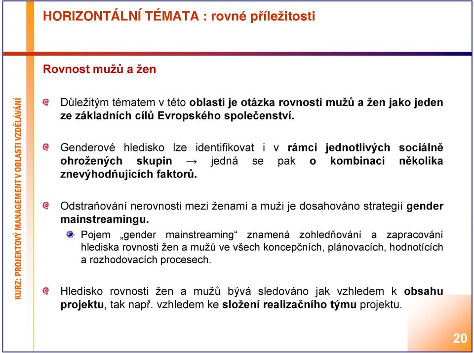 Odstraňování nerovnosti mezi ženami a muži je dosahováno strategií gender mainstreamingu.