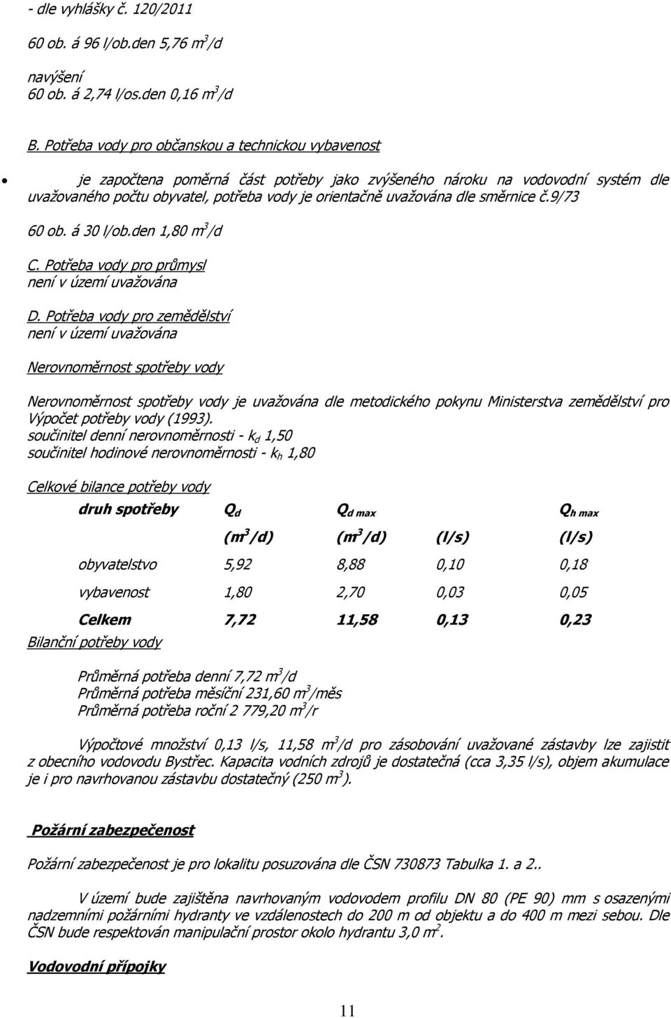 směrnice č.9/73 60 ob. á 30 l/ob.den 1,80 m 3 /d C. Potřeba vody pro průmysl není v území uvažována D.