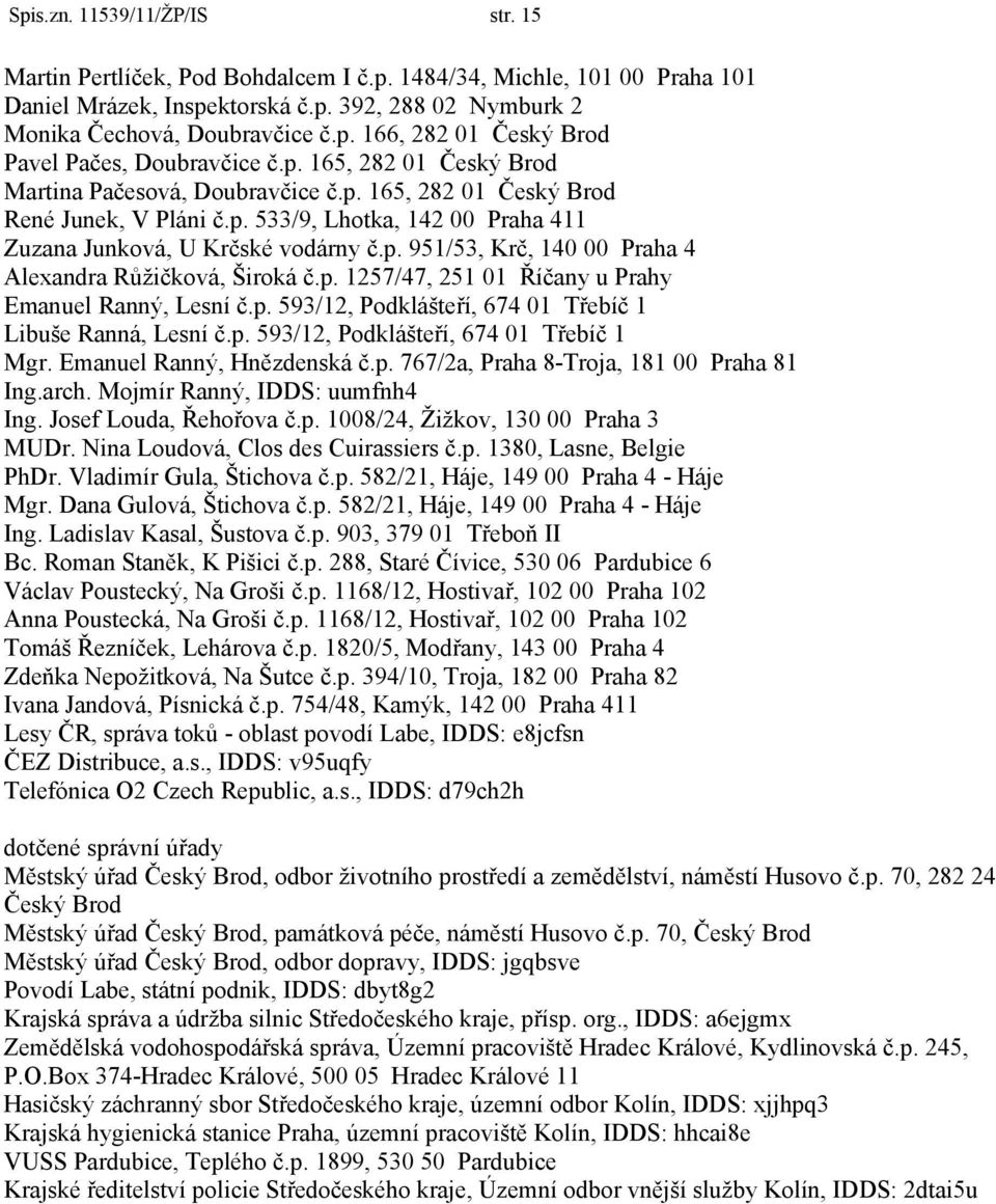 p. 1257/47, 251 01 Říčany u Prahy Emanuel Ranný, Lesní č.p. 593/12, Podklášteří, 674 01 Třebíč 1 Libuše Ranná, Lesní č.p. 593/12, Podklášteří, 674 01 Třebíč 1 Mgr. Emanuel Ranný, Hnězdenská č.p. 767/2a, Praha 8-Troja, 181 00 Praha 81 Ing.