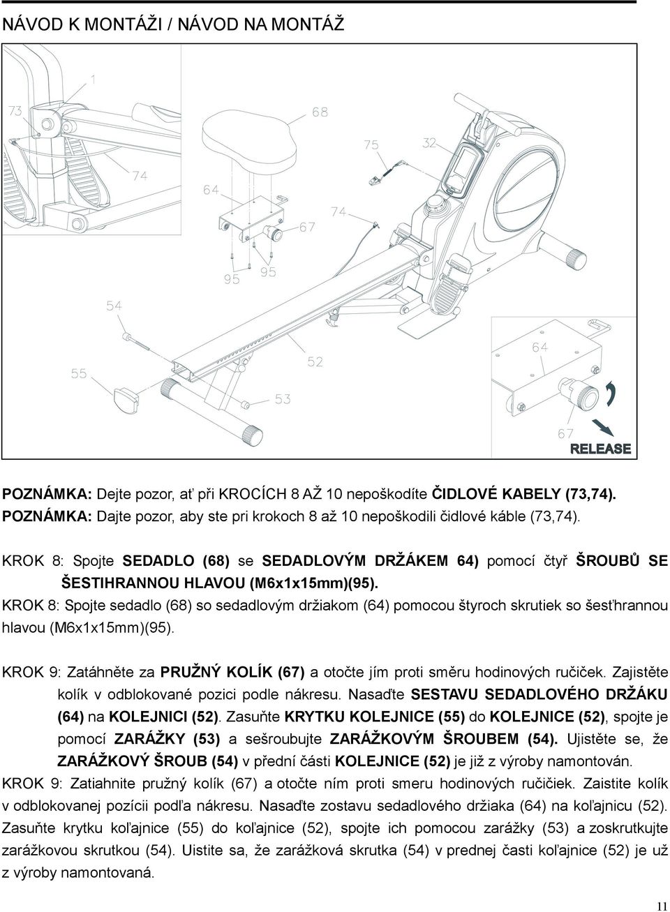 KROK 8: Spojte sedadlo (68) so sedadlovým držiakom (64) pomocou štyroch skrutiek so šesťhrannou hlavou (M6x1x15mm)(95).