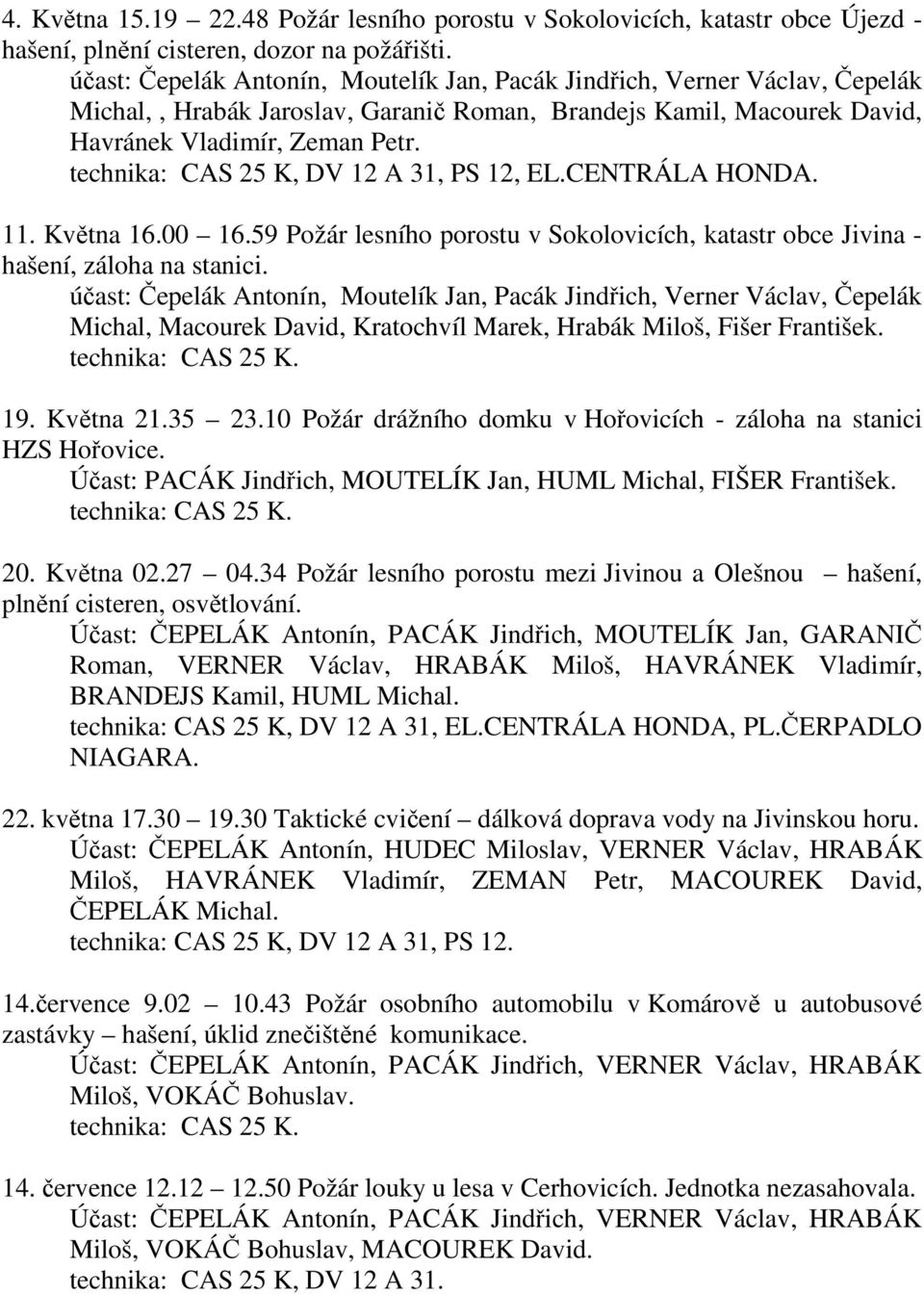 59 Požár lesního porostu v Sokolovicích, katastr obce Jivina - hašení, záloha na stanici. Michal, Macourek David, Kratochvíl Marek, Hrabák Miloš, Fišer František. 19. Května 21.35 23.