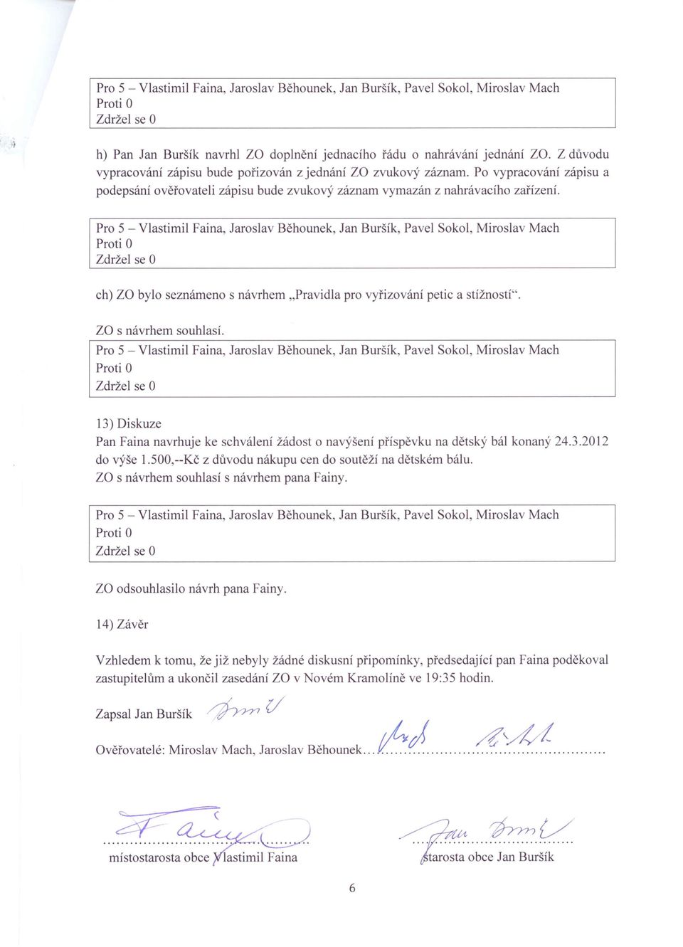 za s návrhem souwasí. 13) Diskuze Pan Faina navrhuje ke schválení žádost o navýšení příspěvku na dětský bál konaný 24.3.2012 do výše 1.500,--Kč z důvodu nákupu cen do soutěží na dětském bálu.