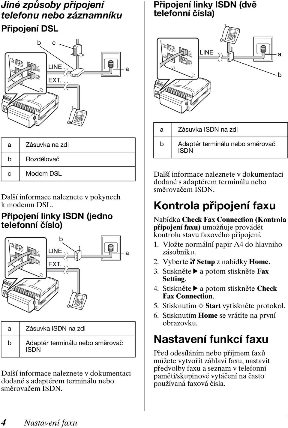 Připojení linky ISDN (jedno telefonní číslo) a b b Zásuvka ISDN na zdi Adaptér terminálu nebo směrovač ISDN Další informace naleznete v dokumentaci dodané s adaptérem terminálu nebo směrovačem ISDN.