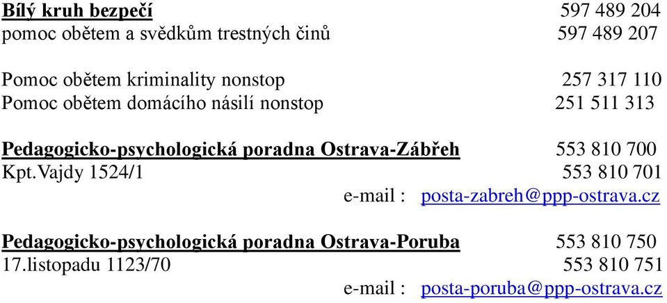 Ostrava-Zábřeh 553 810 700 Kpt.Vajdy 1524/1 553 810 701 e-mail : posta-zabreh@ppp-ostrava.