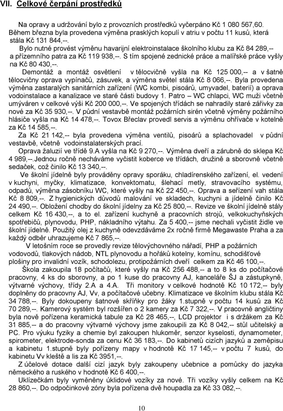 Bylo nutné provést výměnu havarijní elektroinstalace školního klubu za Kč 84 289,-- a přízemního patra za Kč 119 938,--. S tím spojené zednické práce a malířské práce vyšly na Kč 80 430,--.