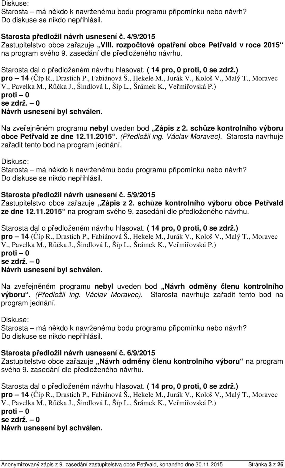 schůze kontrolního výboru obce Petřvald ze dne 12.11.2015. (Předložil ing. Václav Moravec). Starosta navrhuje zařadit tento bod na program jednání.