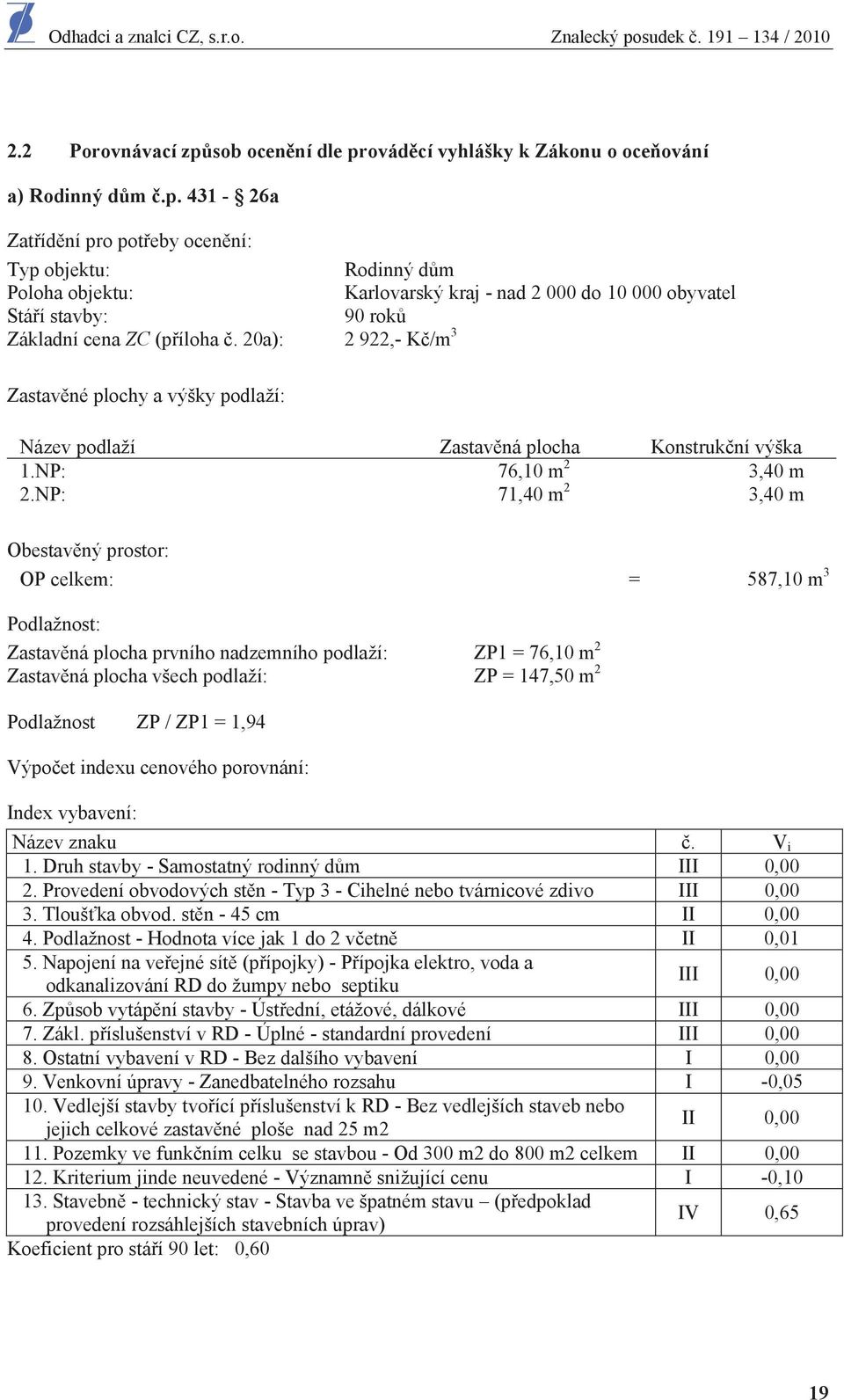 NP: 71,40 m 2 3,40 m Obestav ný prostor: OP celkem: = 587,10 m 3 Podlažnost: Zastav ná plocha prvního nadzemního podlaží: ZP1 = 76,10 m 2 Zastav ná plocha všech podlaží: ZP = 147,50 m 2 Podlažnost ZP