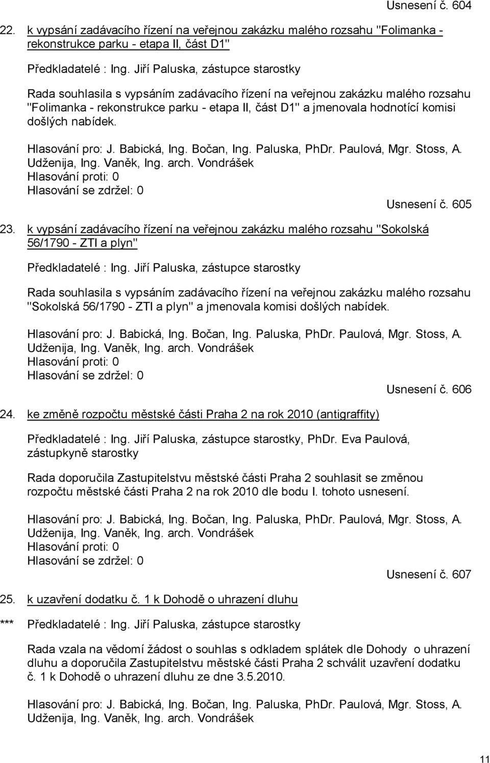 došlých nabídek. Hlasování pro: J. Babická, Ing. Bočan, Ing. Paluska, PhDr. Paulová, Mgr. Stoss, A. Udženija, Ing. Vaněk, Ing. arch. Vondrášek Hlasování proti: 0 Hlasování se zdržel: 0 Usnesení č.