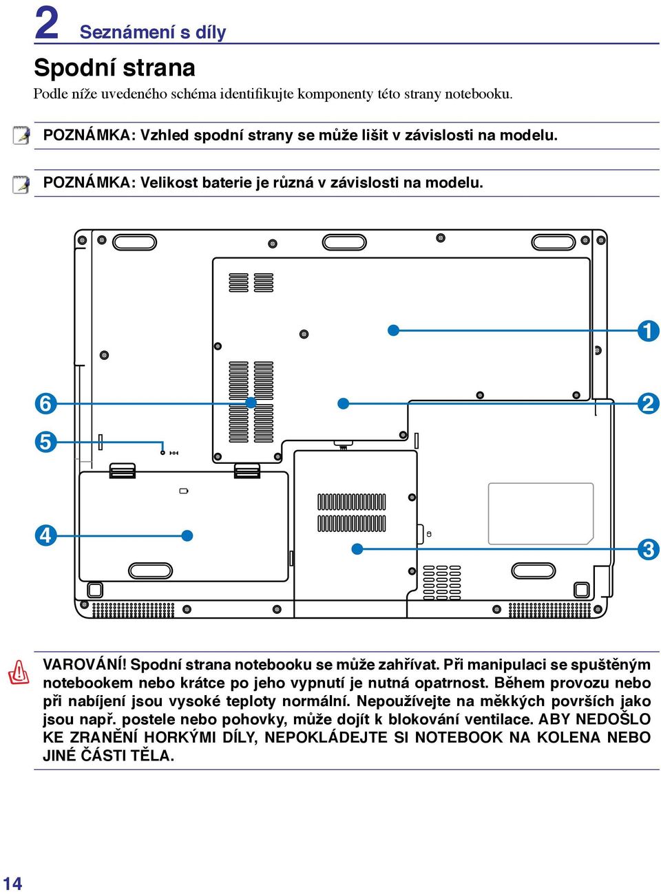 Spodní strana notebooku se může zahřívat. Při manipulaci se spuštěným notebookem nebo krátce po jeho vypnutí je nutná opatrnost.