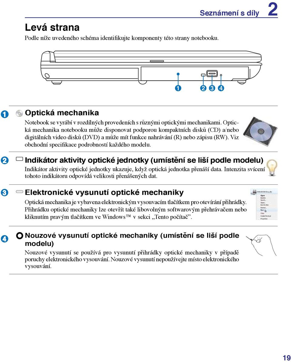 Optická mechanika notebooku může disponovat podporou kompaktních disků (CD) a/nebo digitálních video disků (DVD) a může mít funkce nahrávání (R) nebo zápisu (RW).
