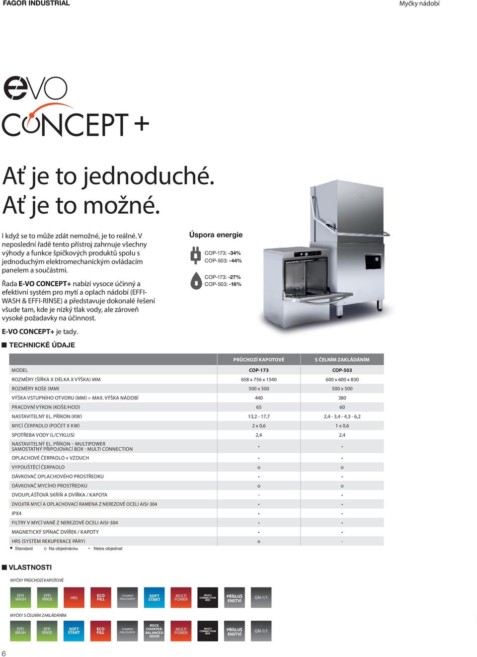 Řada E-VO CONCEPT+ nabízí vysoce účinný a efektivní systém pro mytí a oplach nádobí (- WASH & -RINSE) a představuje dokonalé řešení všude tam, kde je nízký tlak vody, ale zároveň vysoké požadavky na