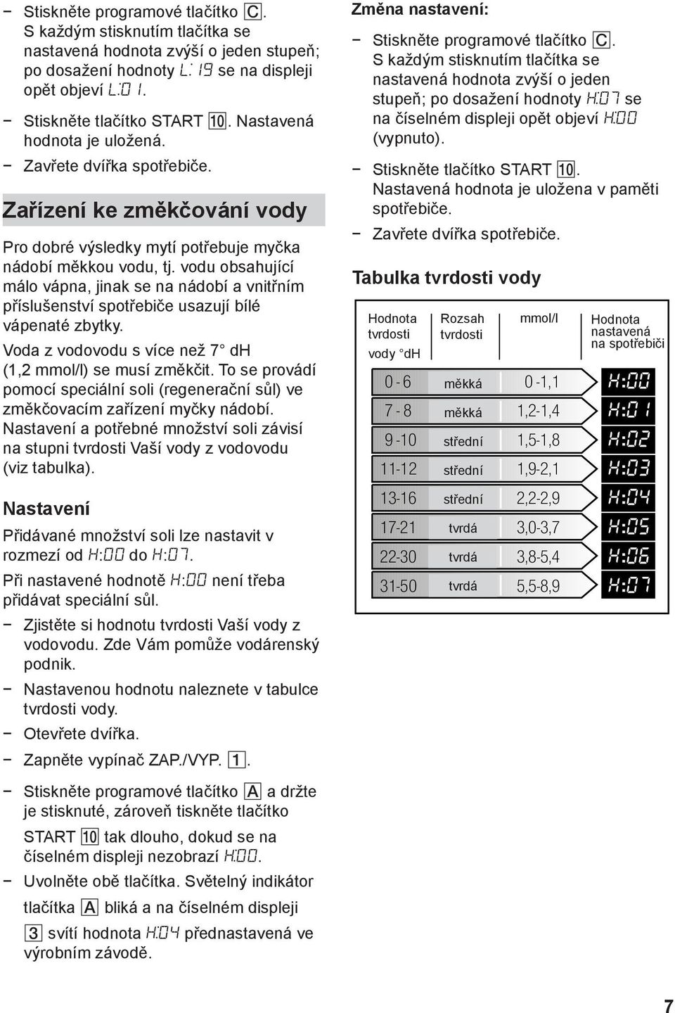 vodu obsahující málo vápna, jinak se na nádobí a vnitřním příslušenství spotřebiče usazují bílé vápenaté zbytky. Voda z vodovodu s více než 7 dh (1,2 mmol/l) se musí změkčit.