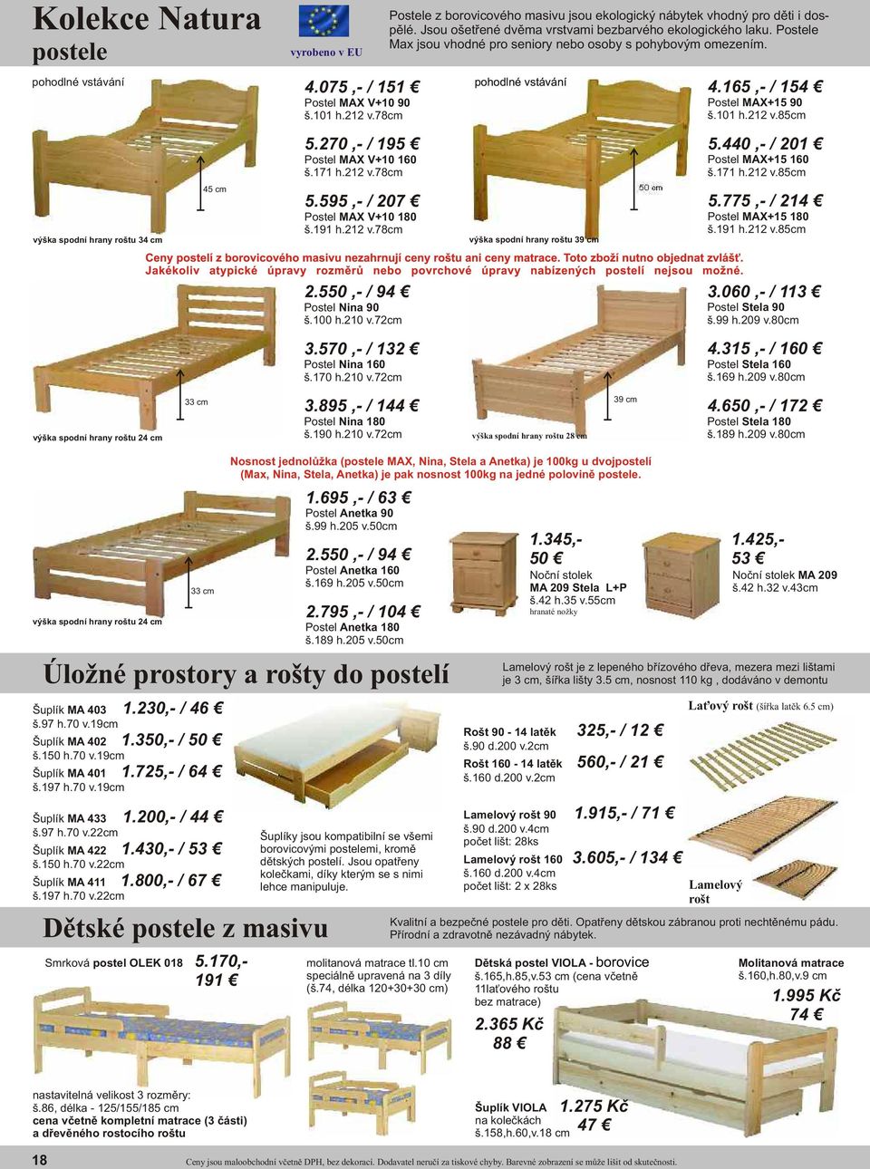 Postele Max jsou vhodné pro seniory nebo osoby s pohybovým omezením. pohodlné vstávání výška spodní hrany roštu 39 cm 50 cm 4.165,- / 154 Postel MAX+15 90 š.101 h.212 v.85cm 5.