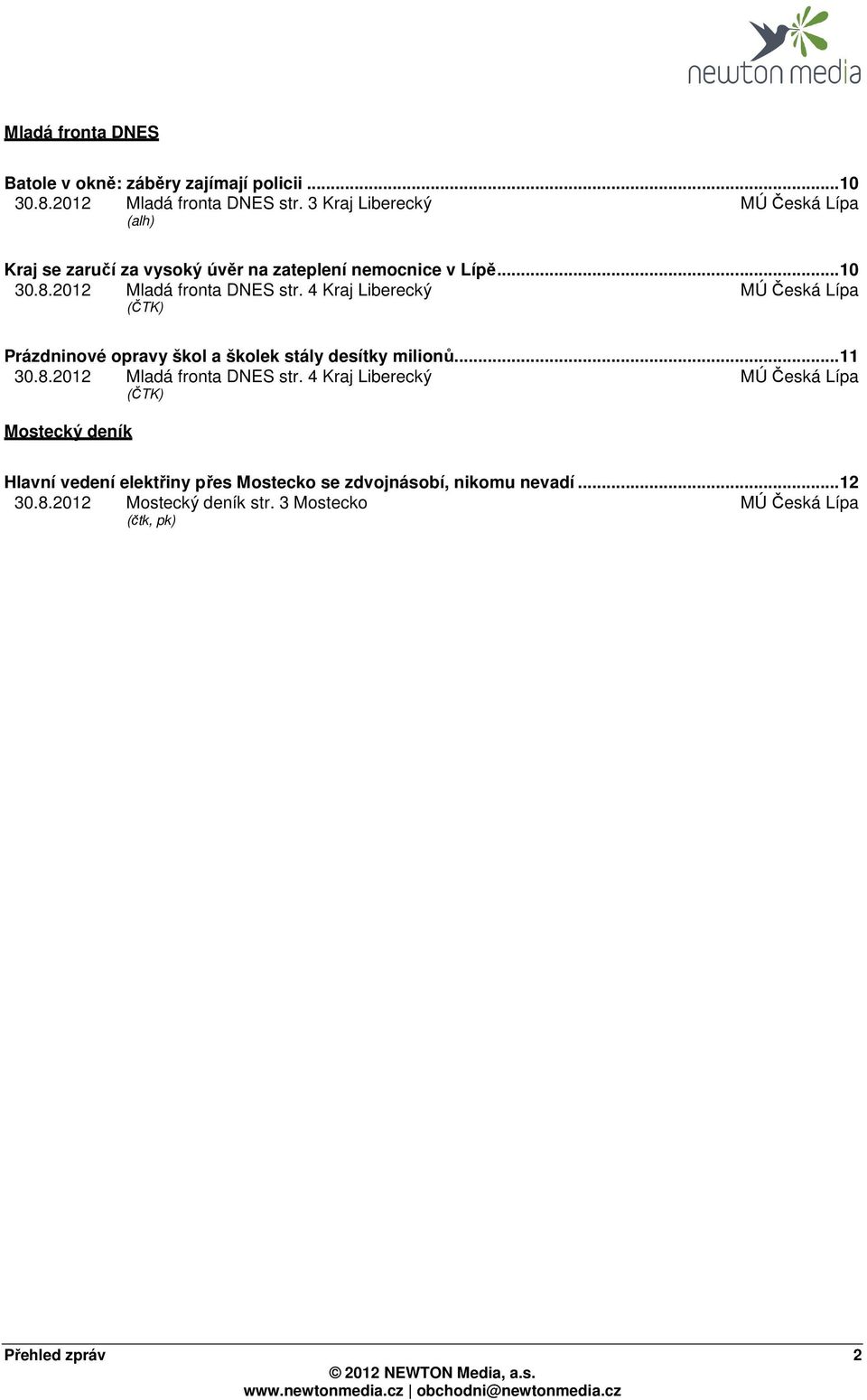 4 Kraj Liberecký MÚ Česká Lípa (ČTK) Prázdninové opravy škol a školek stály desítky milionů...11 30.8.2012 Mladá fronta DNES str.