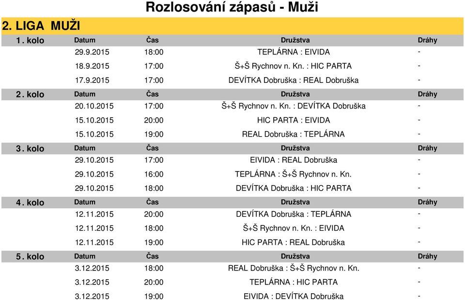 Kn. 29.10.2015 18:00 DEVÍTKA Dobruška : HIC PARTA 12.11.2015 20:00 DEVÍTKA Dobruška : TEPLÁRNA 12.11.2015 18:00 Š+Š Rychnov n. Kn. : EIVIDA 12.11.2015 19:00 HIC PARTA : REAL Dobruška 3.