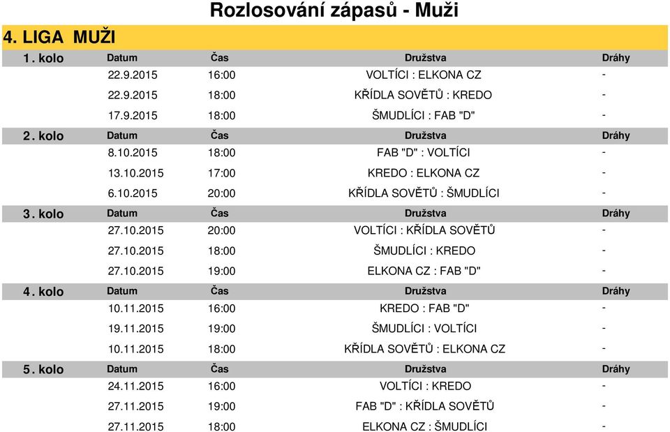 10.2015 18:00 ŠMUDLÍCI : KREDO 27.10.2015 19:00 ELKONA CZ : FAB "D" 10.11.2015 16:00 KREDO : FAB "D" 19.11.2015 19:00 ŠMUDLÍCI : VOLTÍCI 10.11.2015 18:00 KŘÍDLA SOVĚTŮ : ELKONA CZ 24.