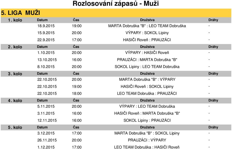 10.2015 19:00 HASIČI Roveň : SOKOL Lipiny 22.10.2015 18:00 LEO TEAM Dobruška : PRAUZÁCI 5.11.2015 20:00 VÝPARY : LEO TEAM Dobruška 3.11.2015 16:00 HASIČI Roveň : MARTA Dobruška "B" 12.