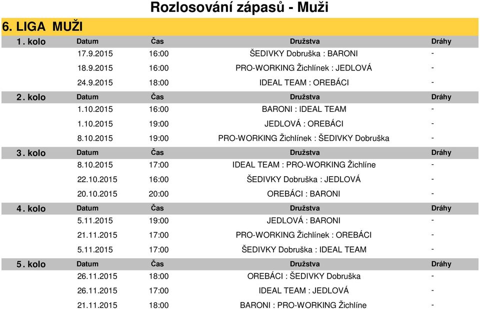 10.2015 16:00 ŠEDIVKY Dobruška : JEDLOVÁ 20.10.2015 20:00 OREBÁCI : BARONI 5.11.2015 19:00 JEDLOVÁ : BARONI 21.11.2015 17:00 PROWORKING Žichlínek : OREBÁCI 5.11.2015 17:00 ŠEDIVKY Dobruška : IDEAL TEAM 26.