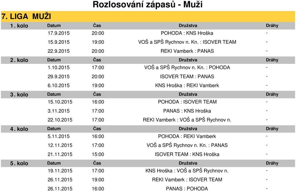 2015 17:00 PANAS : KNS Hroška 22.10.2015 17:00 REKI Vamberk : VOŠ a SPŠ Rychnov n. 5.11.2015 16:00 POHODA : REKI Vamberk 12.11.2015 17:00 VOŠ a SPŠ Rychnov n. Kn.