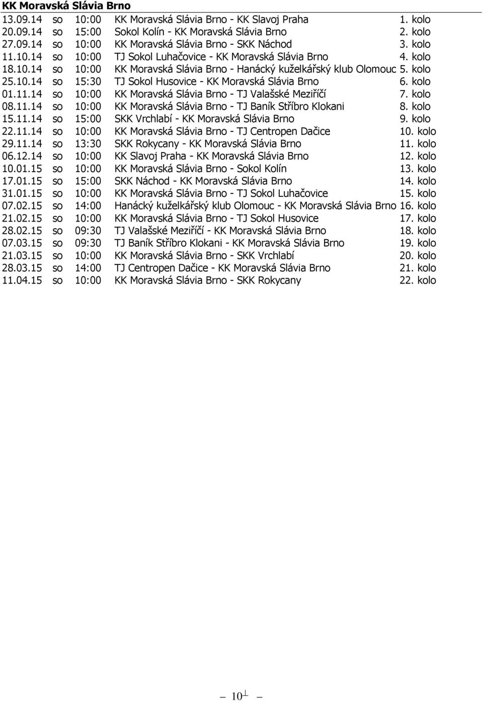 kolo 01.11.14 so 10:00 KK Moravská Slávia Brno - TJ Valašské Meziříčí 7. kolo 08.11.14 so 10:00 KK Moravská Slávia Brno - TJ Baník Stříbro Klokani 8. kolo 15.11.14 so 15:00 SKK Vrchlabí - KK Moravská Slávia Brno 9.