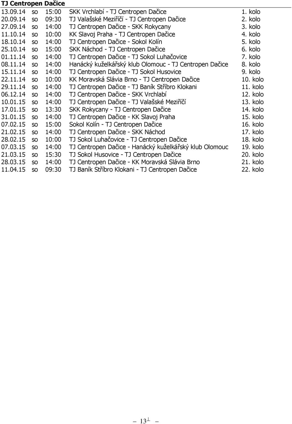 kolo 08.11.14 so 14:00 Hanácký kuželkářský klub Olomouc - TJ Centropen Dačice 8. kolo 15.11.14 so 14:00 TJ Centropen Dačice - TJ Sokol Husovice 9. kolo 22.11.14 so 10:00 KK Moravská Slávia Brno - TJ Centropen Dačice 10.