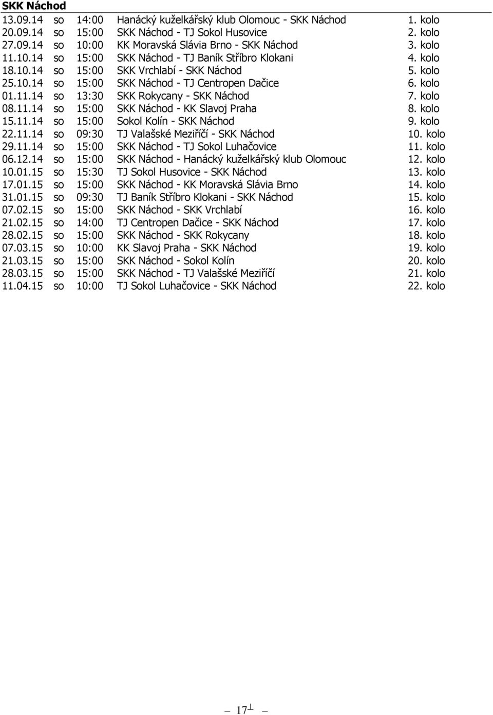 kolo 08.11.14 so 15:00 SKK Náchod - KK Slavoj Praha 8. kolo 15.11.14 so 15:00 Sokol Kolín - SKK Náchod 9. kolo 22.11.14 so 09:30 TJ Valašské Meziříčí - SKK Náchod 10. kolo 29.11.14 so 15:00 SKK Náchod - TJ Sokol Luhačovice 11.