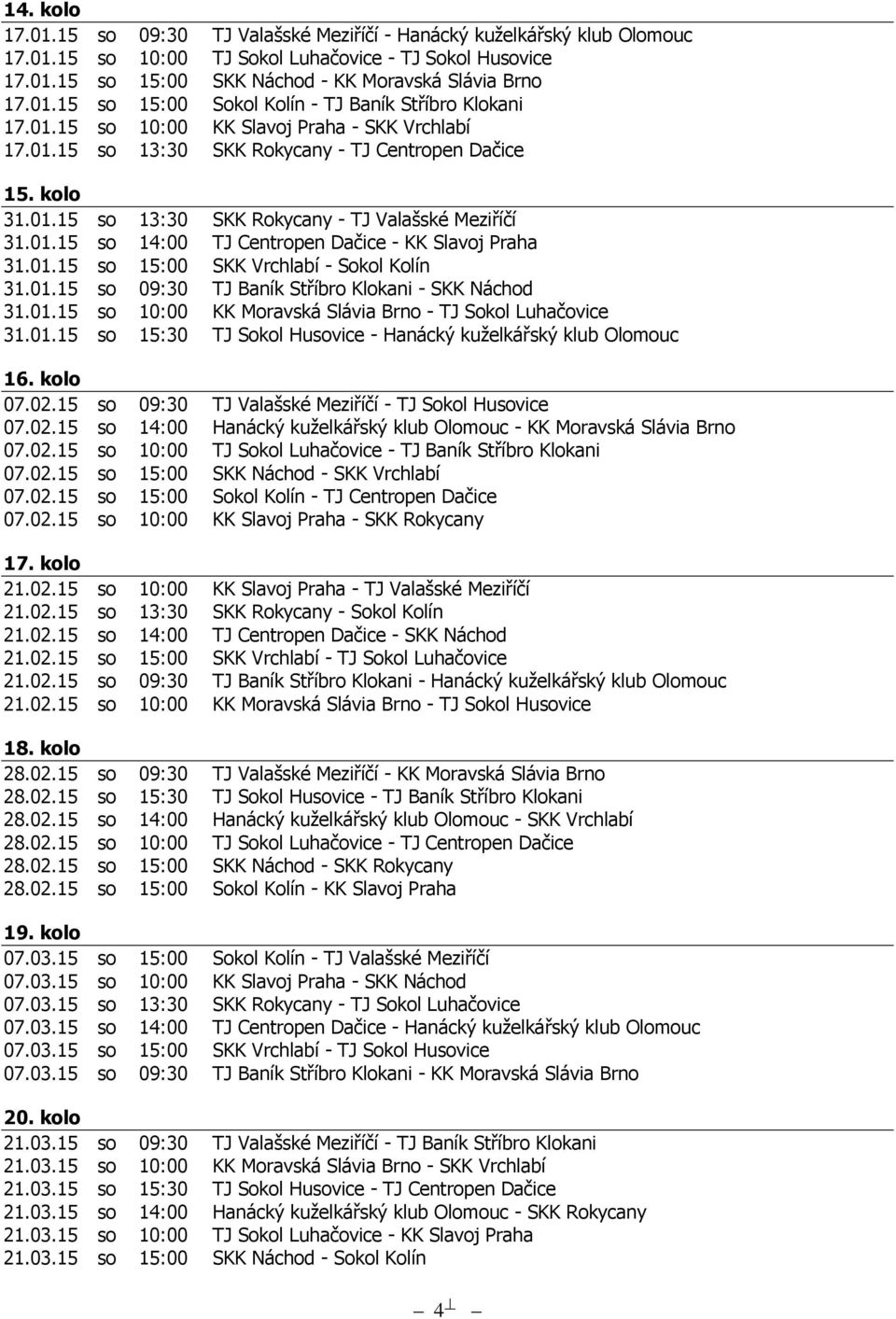 01.15 so 14:00 TJ Centropen Dačice - KK Slavoj Praha 31.01.15 so 15:00 SKK Vrchlabí - Sokol Kolín 31.01.15 so 09:30 TJ Baník Stříbro Klokani - SKK Náchod 31.01.15 so 10:00 KK Moravská Slávia Brno - TJ Sokol Luhačovice 31.