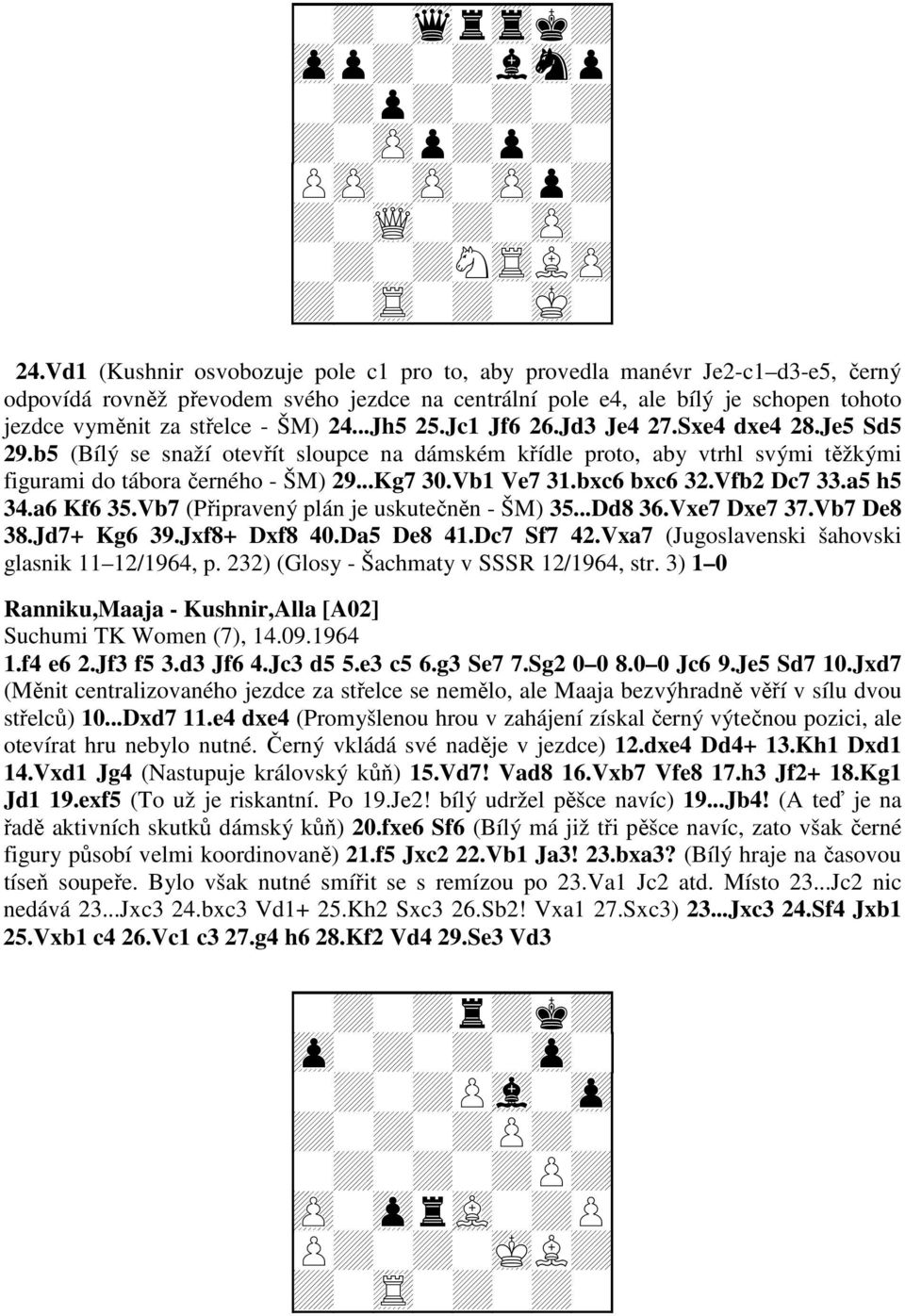 24...Jh5 25.Jc1 Jf6 26.Jd3 Je4 27.Sxe4 dxe4 28.Je5 Sd5 29.b5 (Bílý se snaží otevřít sloupce na dámském křídle proto, aby vtrhl svými těžkými figurami do tábora černého - ŠM) 29...Kg7 30.Vb1 Ve7 31.