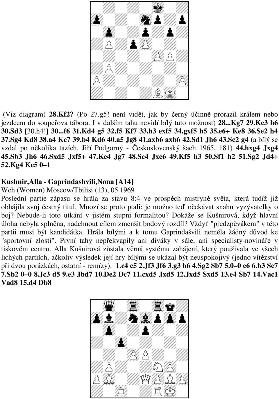 axb6 axb6 42.Sd1 Jh6 43.Sc2 g4 (a bílý se vzdal po několika tazích. Jiří Podgorný - Československý šach 1965, 181) 44.hxg4 Jxg4 45.Sb3 Jh6 46.Sxd5 Jxf5+ 47.Ke4 Jg7 48.Sc4 Jxe6 49.Kf5 h3 50.Sf1 h2 51.